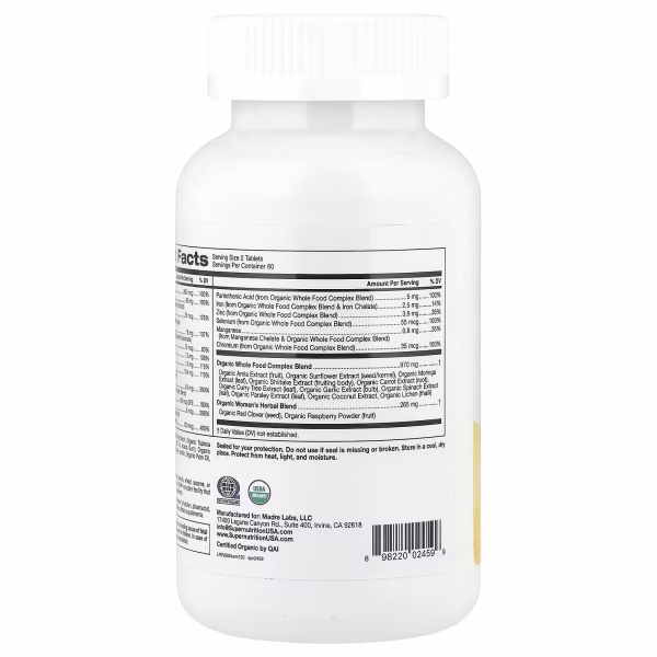 Super Nutrition, Organic Whole Food Women's Multivitamin with Vitamin A, Organic Amla Extract, Organic Sunflower Extract, and Organic Moringa Extract , 120 Tablets - Image 3