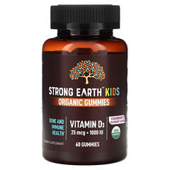 YumVs, Strong Earth Kids Organic Gummies, Vitamin D3, Strawberry & Raspberry, 25 mcg (1,000 IU), 60 Gummies